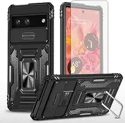 [Asuwish] Phone Case for Google Pixel 7 5G with Tempered Glass Screen Protector and Slide Camera Cover Magnetic Ring Holder Kickstand Protective Cell Accessories Pixel7 Pixle Seven Women Men Black