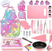 Kids Cooking and Baking Set with Storage Case Complete Cooking Supplies Kids Baking Kit Pretend Play Cooking Toys Unicorn Apron and Chef Hat for Girls & Boys
