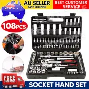 108PCS Tool Kit Socket Hand Set 1/2" & 1/4" Ratchet Spanner Wrench Metric Driver