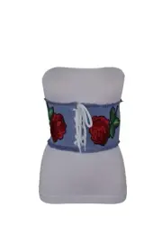 Women Wide Light Blue Denim Fabric High Waisted Corset Belt Red Rose Flower S