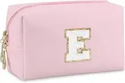 Gosuoa Initial Preppy Makeup Bag,Waterproof PU Leather Chenille Letter Cosmetic Bag…, Pink, Letter E