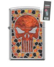 Zippo 66297 HI Pol Chrome Fuzion Punisher Skull Glass Lighter + FLINT PACK