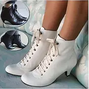 Women's White Lace-Up Victorian Ankle Boots with Mid Heel, Vintage-Inspired Footwear for Formal and Retro Style