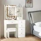 Makeup Vanity Desk White - Slide Mirror Dresser w/6 Drawers, Beauty Table