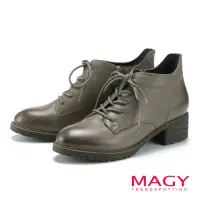 在飛比找momo購物網優惠-【MAGY】綁帶蠟感羊皮牛津粗跟踝靴(灰色)