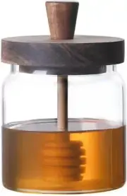 ANSQU Honey Pot, Airtight Glass Jar with Dipper Stick and Wooden Clear
