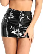 [TiaoBug] Womens Wet Look Slim Fit Bodycon Mini Skirt O-Ring Zipper Front Casual Mini Pencil Skirt