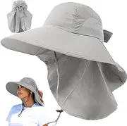 [Ｗoowayo] Ponytail Sun Hats for Women, UPF 50+ Wide Brim Sun Hat with Neck Flap, Adjustable Breathable Hiking Hat with Strap, Foldable Gardening Hat Sun Hat Hat Fishing Hat Light Grey