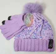 Justice Girls Purple Faux Fur Pom Pom Sherpa Beanie Hat/Gloves Set NEW