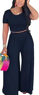 [HBQ] Two Piece Outfits For Women Casual Sweat Suits Backless Short Sleeve Crop Tops Wide Leg Pants Lounge Sets Tracksuit