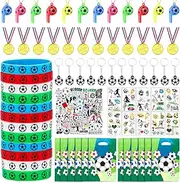 120PC Soccer Party Favors Set Soccer Theme Party Supplies Erasable Tattoo Stickers Soccer Bag Silicone Bracelet Soccer Stickers Whistle Keychain Gold Medal Gift for Birthday (Green, Middle)