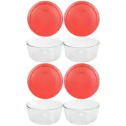 Pyrex 7203 6/7 Cup Glass Food Storage Bowl w/ 7402-PC Red Lid Cover (4-Pack)