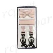 New Men's Convertible skinny Elastic Strap Suspender_Bowtie Hankie pearl pink
