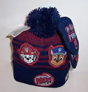PAW PATROL MARSHALL & CHASE Soft KNIT Blue/Red HAT Pom-Pom BEANIE MITTENS SET