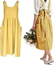 Women Girls Vintage Cute Apron Gardening Works Cross Back Cotton/Linen Blend Aprons Pinafore Dress with Two Pockets