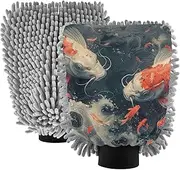 XYMZR Japanese Print Fish Absorbent Microfiber Car Wash Mitt, Funny Cute Anime Scratch Free for Cars Cleaning, Home Cleaning Mitts, 2 Pack, 10.24” L x 7.09” W