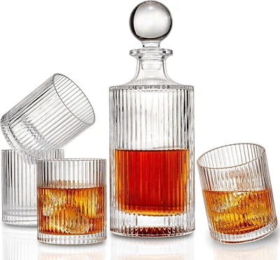 5 PC Irish Crafted Whiskey Decanter Set Crystal Decanter Set 4 Whiskey Glasses