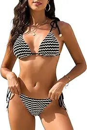 [ZAFUL] Women's Triangle Bikini Sexy Thong String Swimwear Tie Back Striped Two Piece Bathing Suit