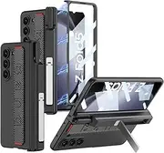 Samsung Galaxy Z Fold 5 Case, Magnetic Hinge Protection with Armband and S Pen Holder, Luxury PC Shockproof Non-Slip Wrist Strap Case with Screen Protector for Samsung Z Fold 5 (Without S Pen), Black