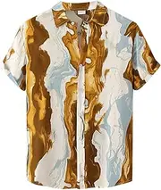 [BYONIC] Mens Summer Shirts Short Sleeve, Beach Shirt Splice Color Block Print Short Sleeve Casual Retro Multicolor Shirts Button Down Shirts