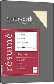 Southworth 100% Cotton Resume Paper, Ivory, 8 1/2 in x 11 in (SOURD18ICF)