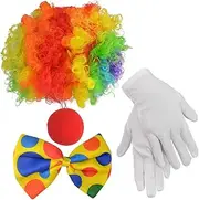 jiebor Clown Costume Set of 4, Clown Wig Clown Nose Bow Tie White Gloves for Clown Parties Carnivals Pretend Play