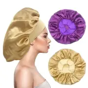 2PCS Large Satin Silk Hair Bonnet for Sleeping,Elastic Wide Band Gold,Purple
