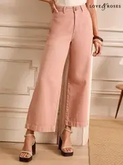Love & Roses Pink Double Button Waistband Crop Wide Leg Jeans (AK2213) | $111