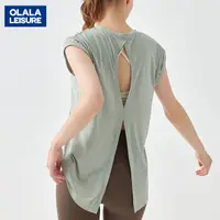 在飛比找蝦皮商城優惠-OLALA 寬鬆短袖瑜伽服罩衫女吸汗透氣鏤空速乾短袖t恤健身