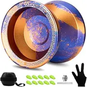 [YOYOSTUDIO] T16 Yoyo Professional Responsive Yoyos for Kids Beginner, Dual Purpose Tricks Yo yo for Adults, Unresponsive Yoyo Bearing with Removal Bearing Tool, 10 String, Case & Glove(Blue and Orange)
