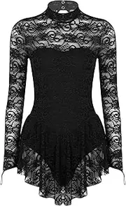 [Riismen] Women's Floral Lace Figure Ice Skating Dress Lyrical Ballet Dance Leotard Dress Performance Costume