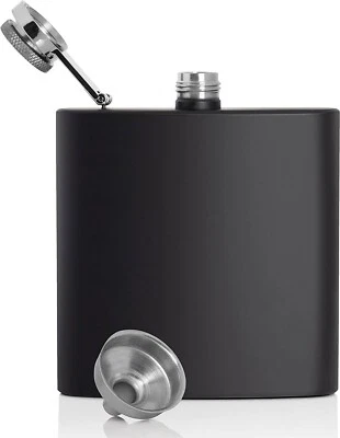 6oz Black Flask + Funnel Leak Proof Screw Cap Hip Pocket Liquor Alcohol Gift Box