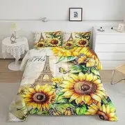 Eiffel Tower King Bedding Set for Adults,Retro Paris Sunflowers Comforter Bed Set Girls Woman Bedroom Decor,Botanical Floral Quilt Set 3 PCS,Watercolor Butterfly Duvet Insert,2 Pillow Cases