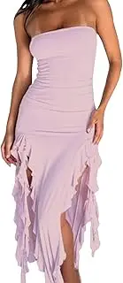 [Morzq] Women Ruffle Tube Dress Sexy Strapless Ruched Thigh Split Asymmetric Hem Tassel Midi Dresses