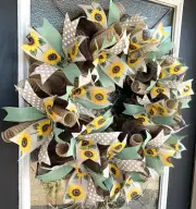 Lovely Sunflower & Polka Dot Deco Mesh Front Door Wreath Spring Summer Fall