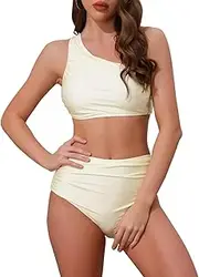 [Elerevyo] Women's One Shoulder Elegant Bikini Sets, 2 Piece Push Up Top Tummy Control Bottom Swimwear Bathing Suits
