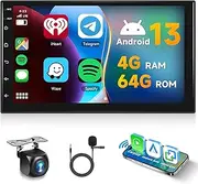 Hodozzy 4+64GB Android Double Din Car Stereo with Wireless Carplay & Android Auto, 7 Inch Touch Screen Car Radio GPS Navigation WiFi Bluetooth FM/RDS Radio EQ/USB/SWC+AHD Backup Camera