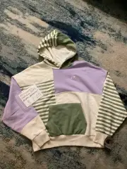 NWT Champion Women’s Stripe Patch Classic Fleece Tan Purple Green Hoodie Sz L