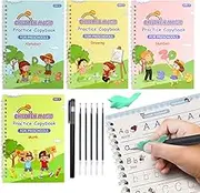 4-Pack Reusable Magic Ink Practice Copybooks, Grooved Handwriting Workbook Caligraphy Beginners Set with Pen Refill, Preschool Number Letter Tracing Writing Book for Kids Ages 3-6