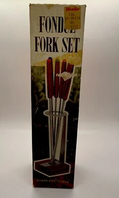 VINTAGE FONDUE FORKS JAPAN SET OF 6 + stand wood metal in Original box