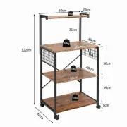 4-Tier Kitchen Storage Rack with Wheels and Hooks, Rustic Brown, 1.2 Meters