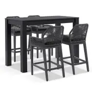 Santorini Outdoor Aluminium 1.5m Bar Table with 4 Hugo Aluminium and Rope Bar Stool 4 - Charcoal - Denim Grey
