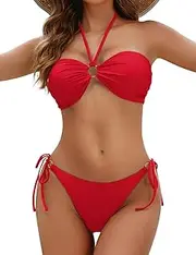 [Zojuyozio] Women Two Piece String Bikini Swimsuit Halter Tie Side Bathing Suits Cheeky Thong Bikini Set, Red, Small