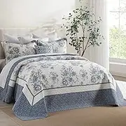 SOElinens Oversized King Bedspreads 128x120 Extra Wide - Botanical Floral Farmhouse Reversible California King Quilt Set, Lightweight Thin Comforter, 3pc, 100% Cotton, Cal King, Navy Blue/Off White