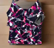 Magicsuit Tankini Swim Top Pad Chloe Brush Off Tiered Black/Red Women Sz 16 NWT