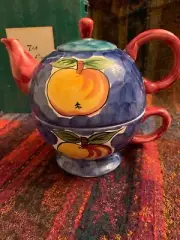 Teacup & Teapot "Tea for one" Peach Grapes Contrast Colors Ceramic