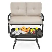 Costway 2PC Indoor Outdoor Furniture Set Bench Loveseat Garden Chair w/Coffee Table Lounge Chair Set Beige