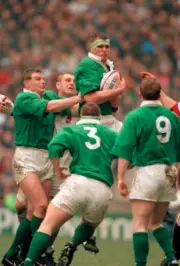 Jeremy Davidson catches the ball for Ireland during the Rugby - Old Rugby Photo