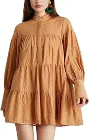 [tiptupu] Women's Bohemian Floral Print Long Lantern Sleeve Shift Tunic Dress Casual Ruffle Swing Mini Dress