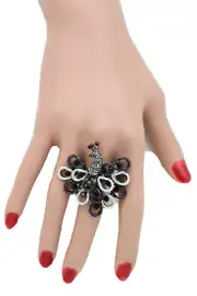 Women Black White Peacock Bird Ring Metal Feather Stretch Band Nature Inspired